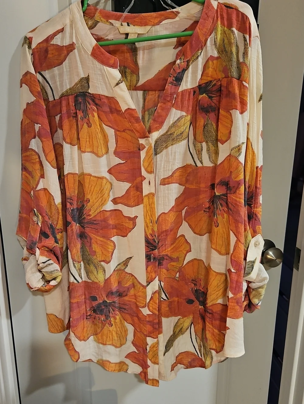 Floral Button-Front Blouse in Orange and Cream